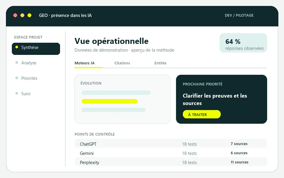 Aperçu d’un suivi de visibilité dans les moteurs IA et de sources citées