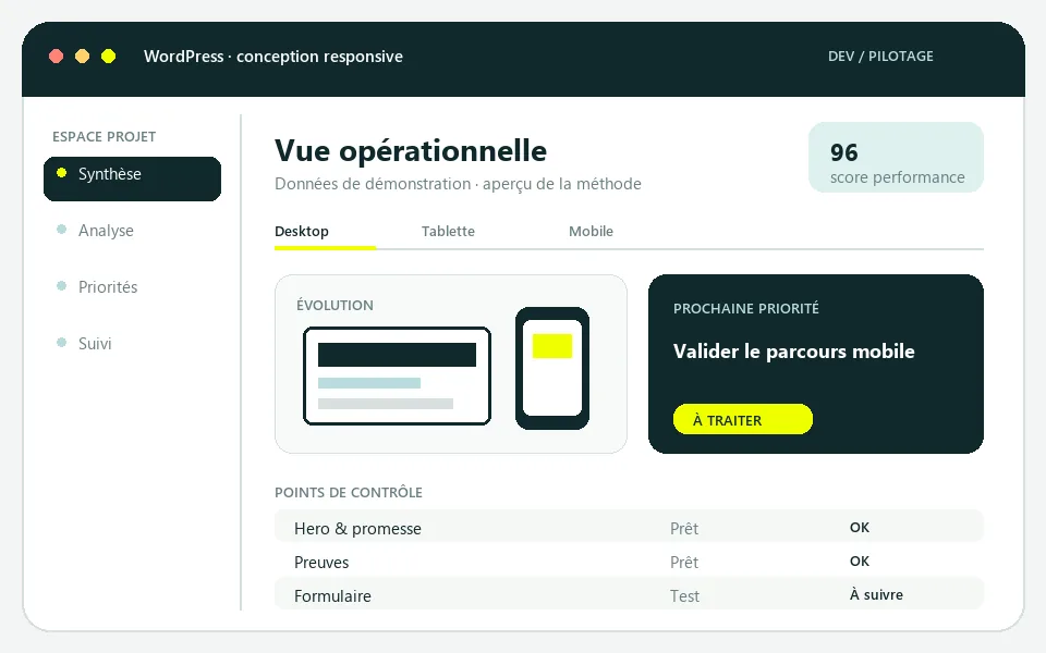 Aperçu d’une interface de conception de site WordPress sur ordinateur et mobile